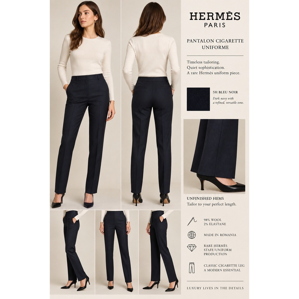 Hermès Women's Pantalon Cigarette Uniform Wool Navy Trousers Size 40 NWT